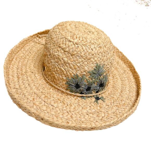 SCALA Collection Floral Embroidered Straw Sun Hat Woven Tan Garden Coastal - Picture 1 of 9